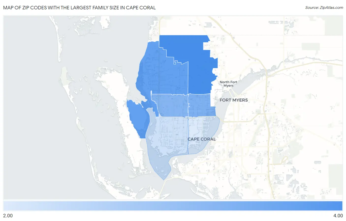 Zip Codes with the Largest Family Size in Cape Coral Map