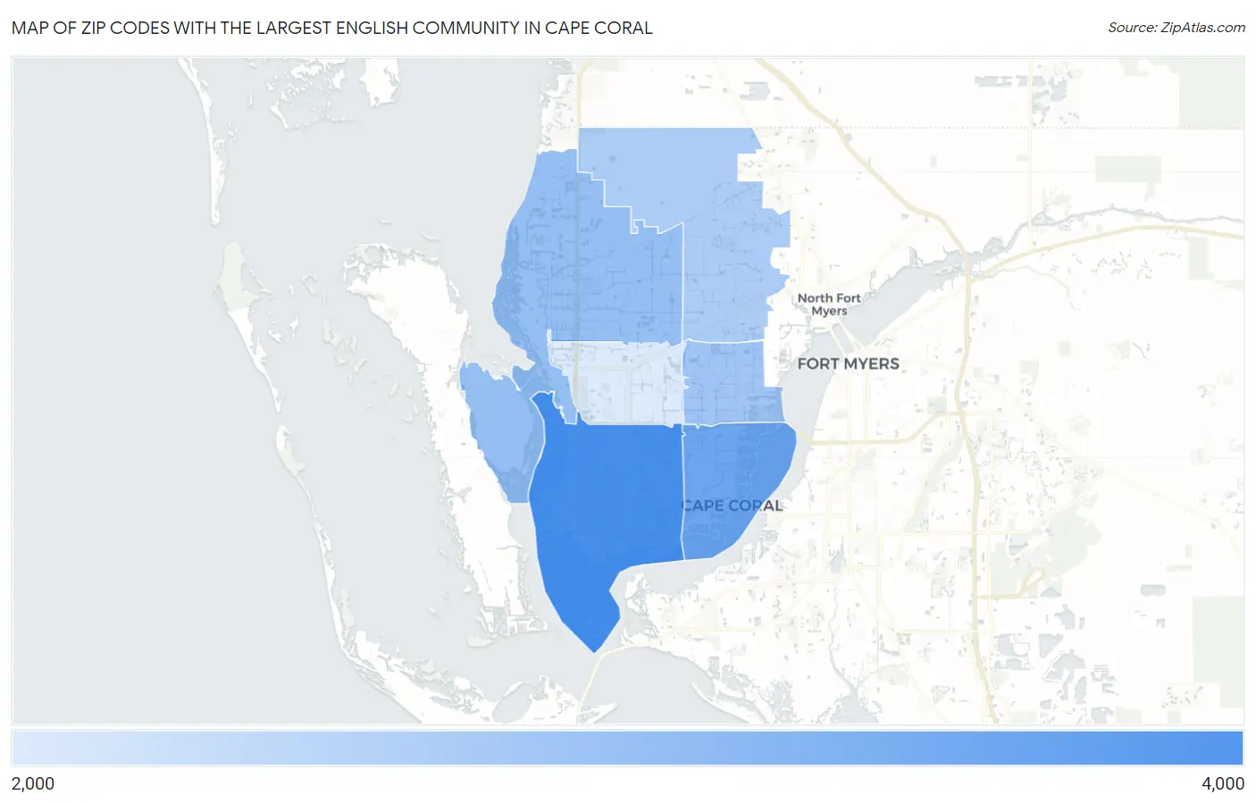 Zip Codes with the Largest English Community in Cape Coral Map