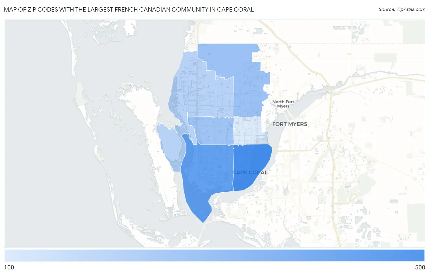 Zip Codes with the Largest French Canadian Community in Cape Coral Map