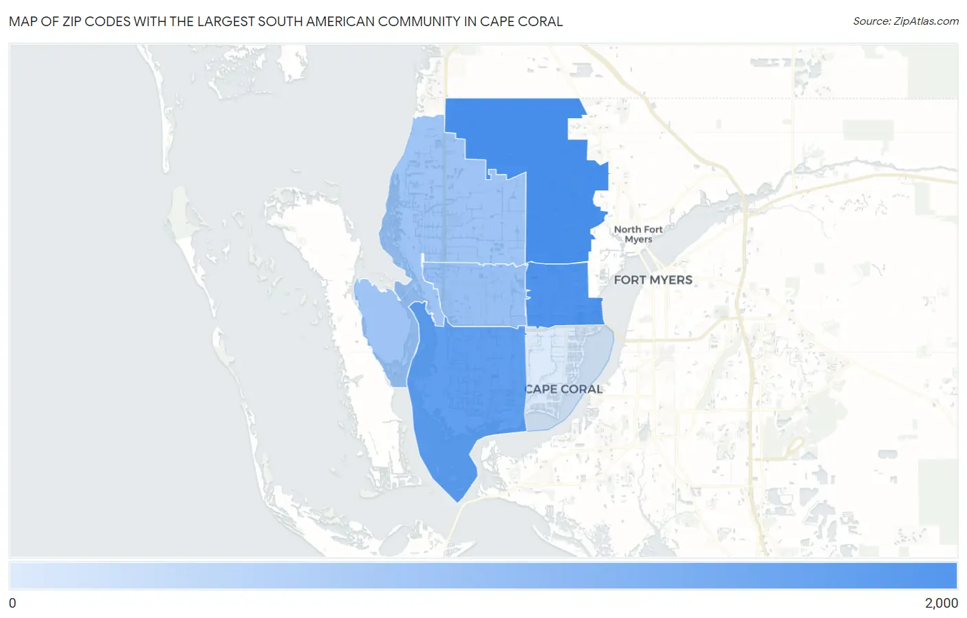 Zip Codes with the Largest South American Community in Cape Coral Map