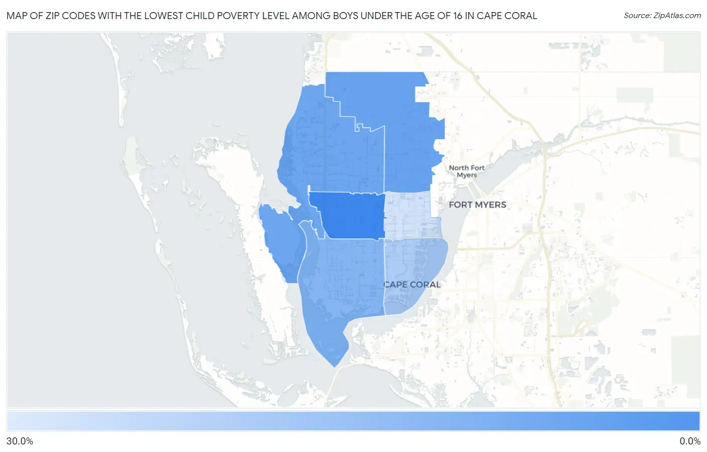 Zip Codes with the Lowest Child Poverty Level Among Boys Under the Age of 16 in Cape Coral Map