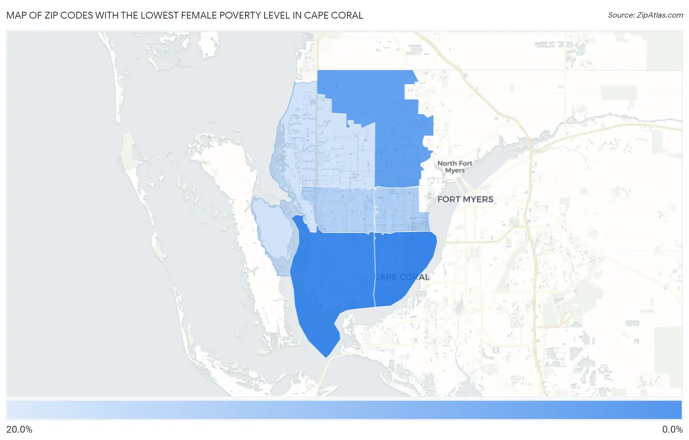 Zip Codes with the Lowest Female Poverty Level in Cape Coral Map