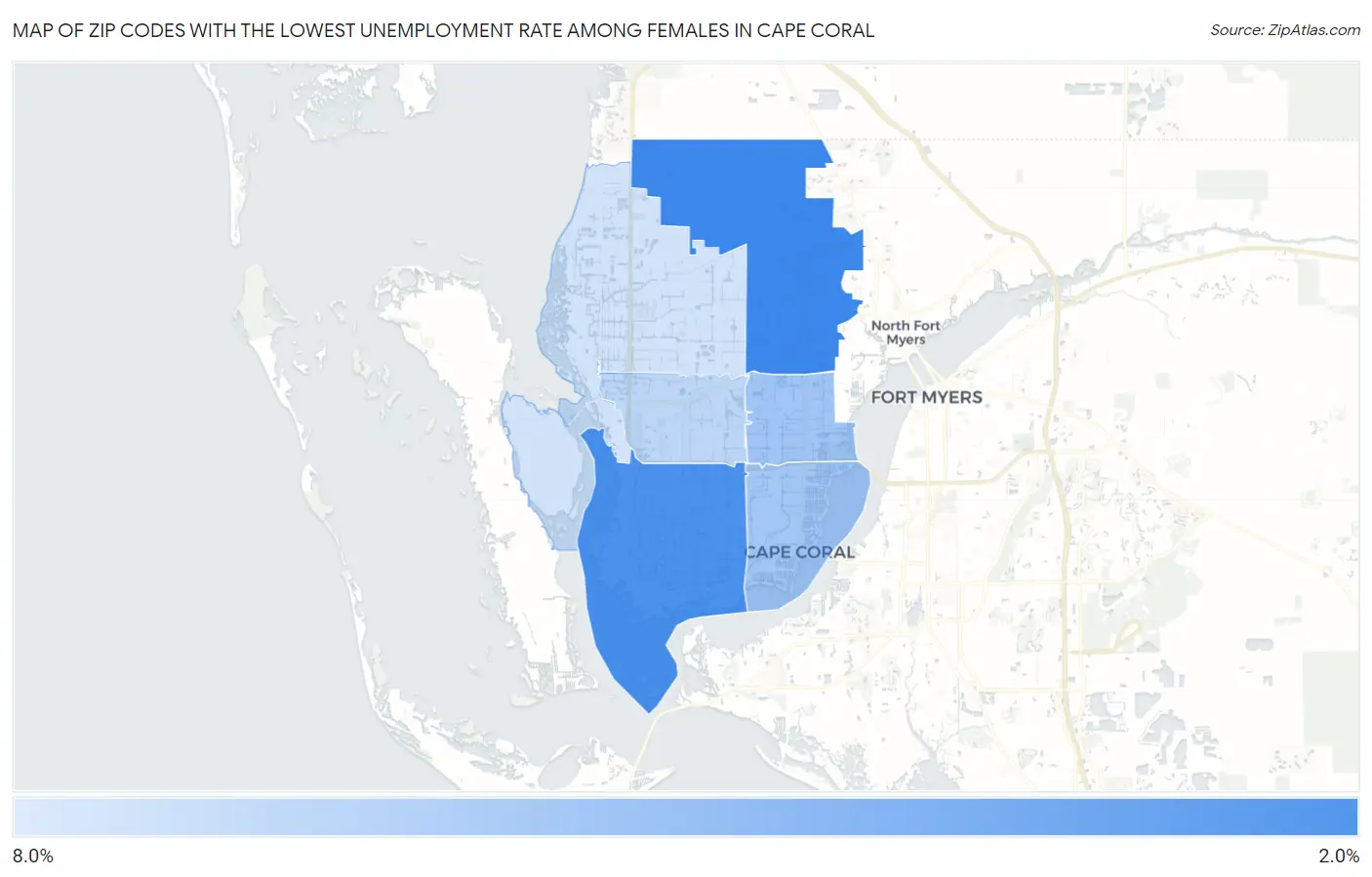 Zip Codes with the Lowest Unemployment Rate Among Females in Cape Coral Map