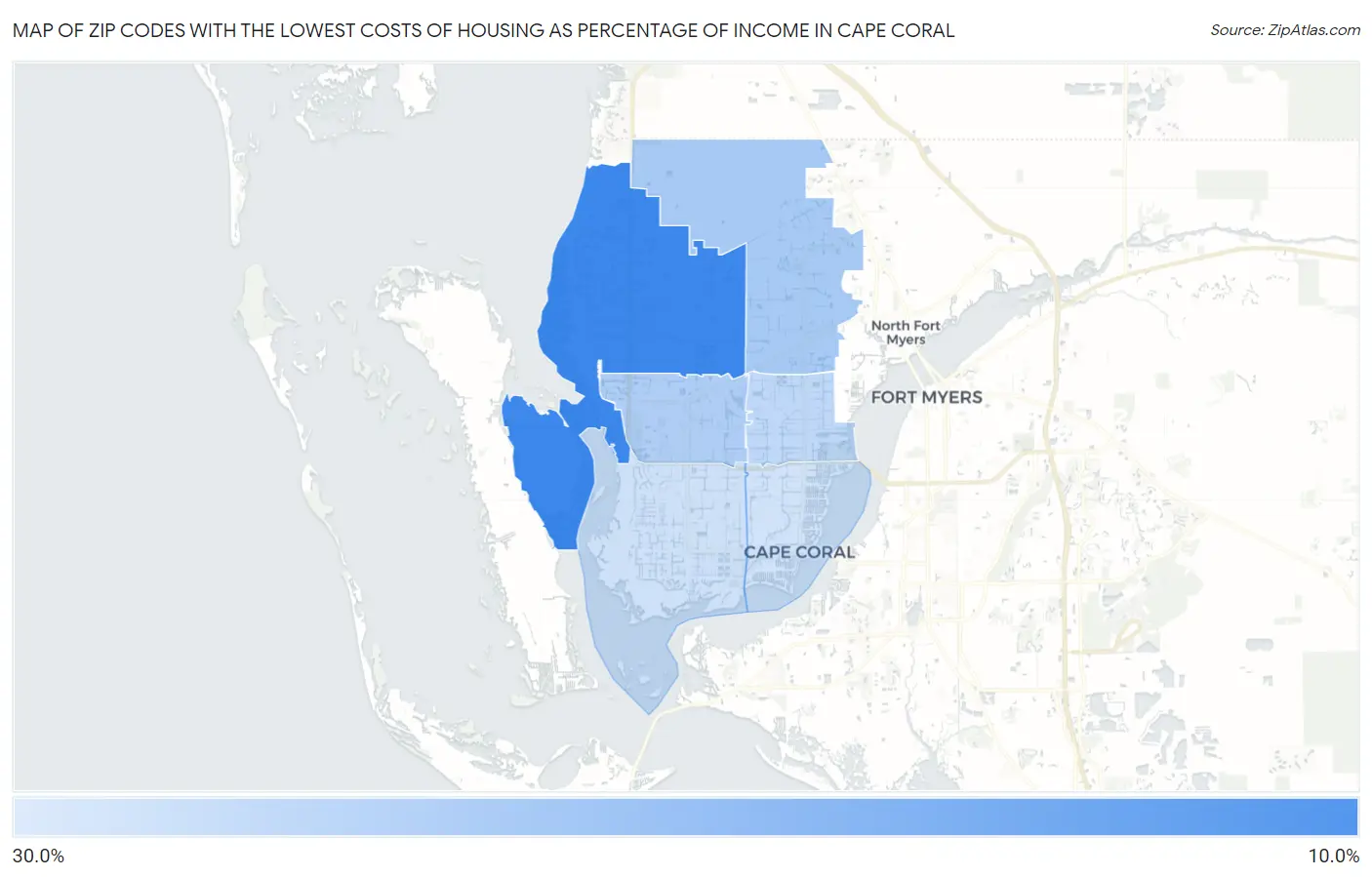 Zip Codes with the Lowest Costs of Housing as Percentage of Income in Cape Coral Map