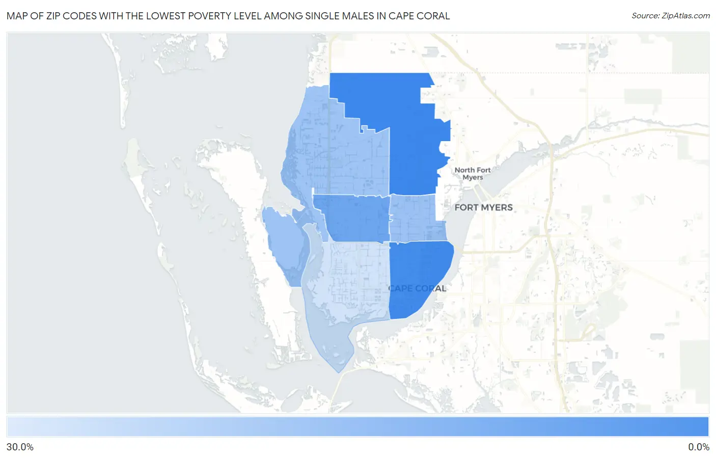 Zip Codes with the Lowest Poverty Level Among Single Males in Cape Coral Map