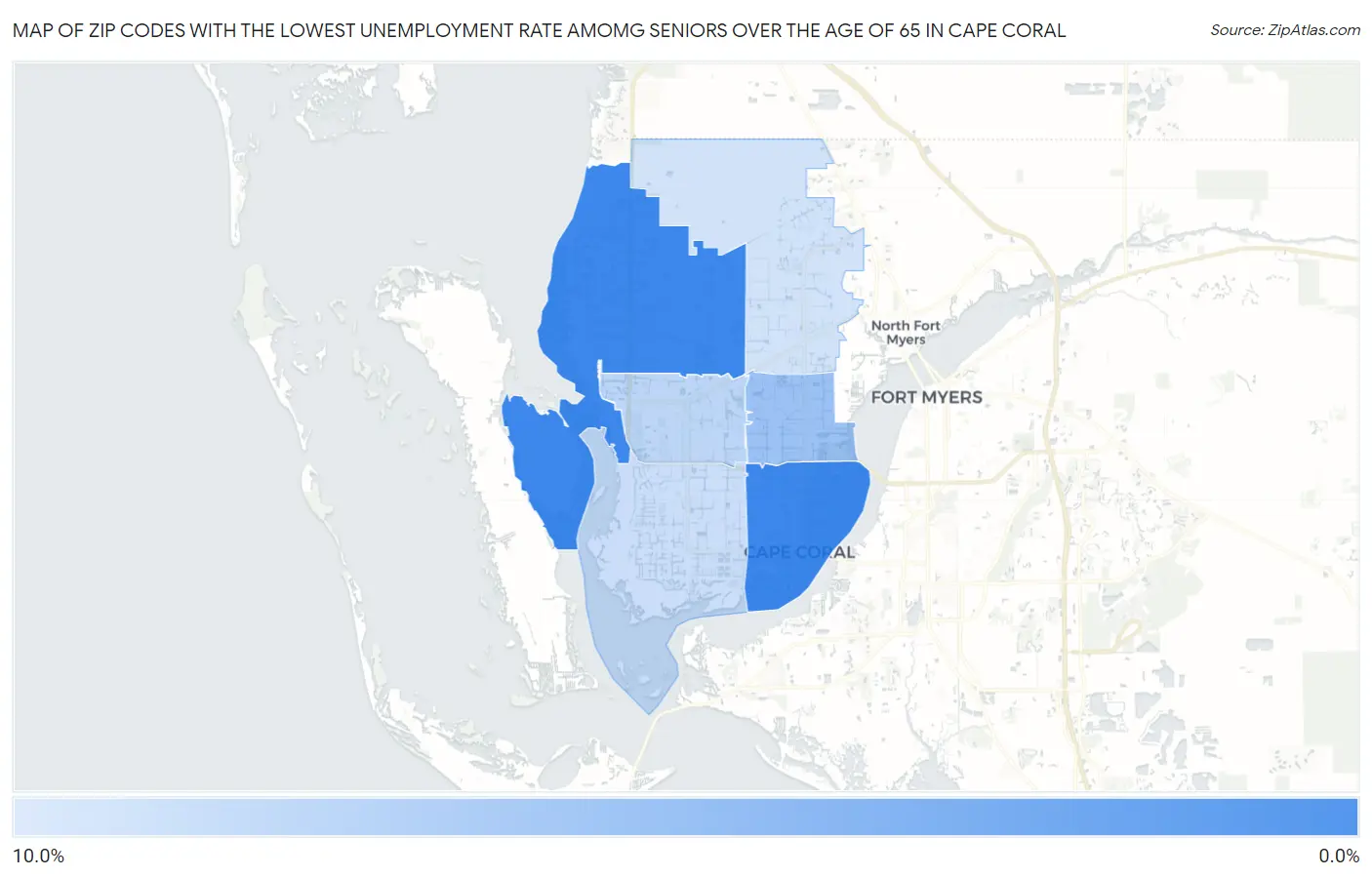 Zip Codes with the Lowest Unemployment Rate Amomg Seniors Over the Age of 65 in Cape Coral Map