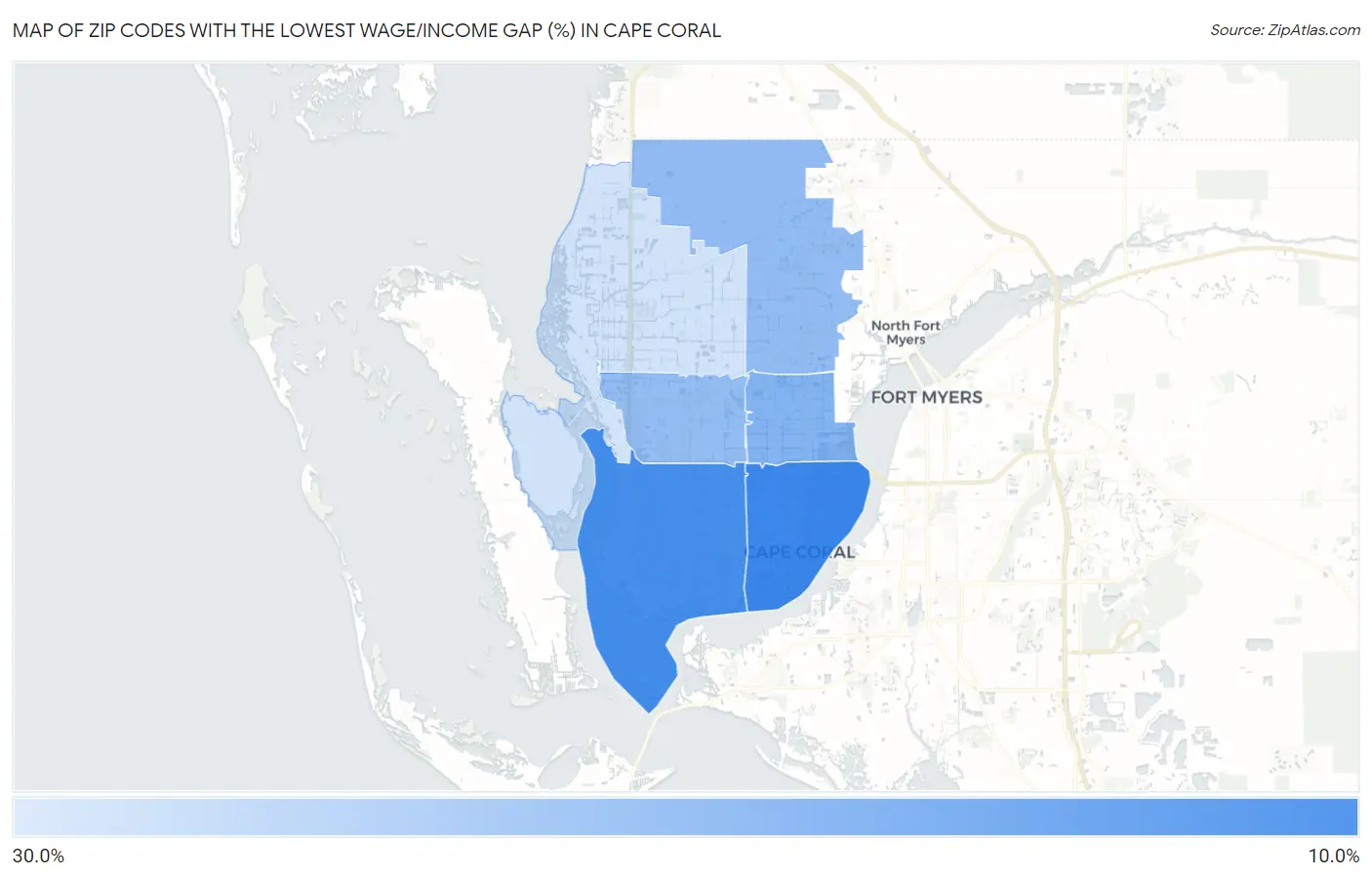 Zip Codes with the Lowest Wage/Income Gap (%) in Cape Coral Map