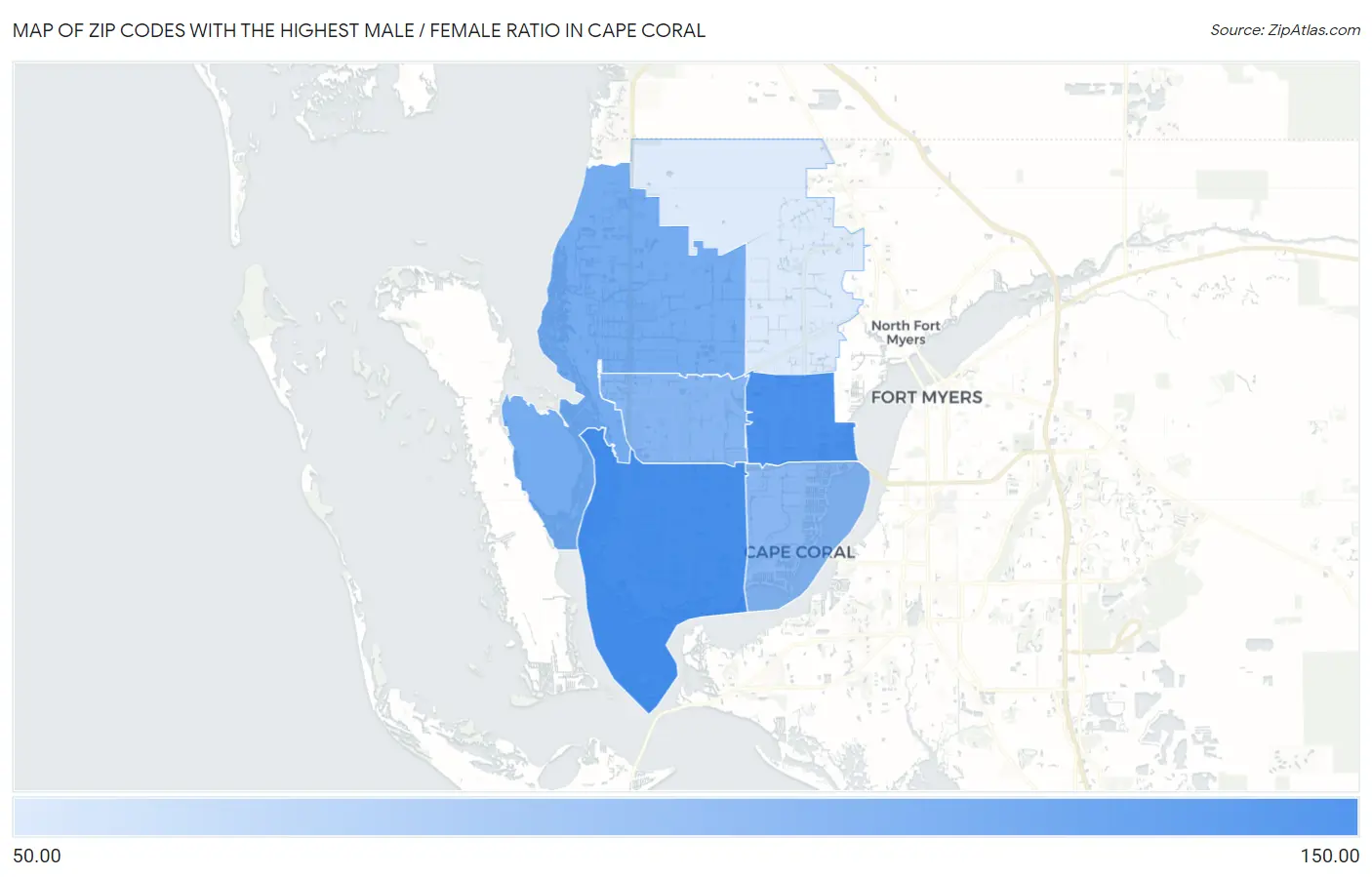 Zip Codes with the Highest Male / Female Ratio in Cape Coral Map