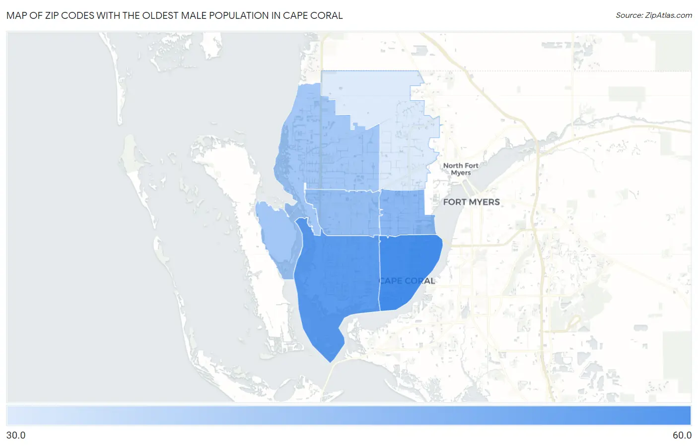 Zip Codes with the Oldest Male Population in Cape Coral Map
