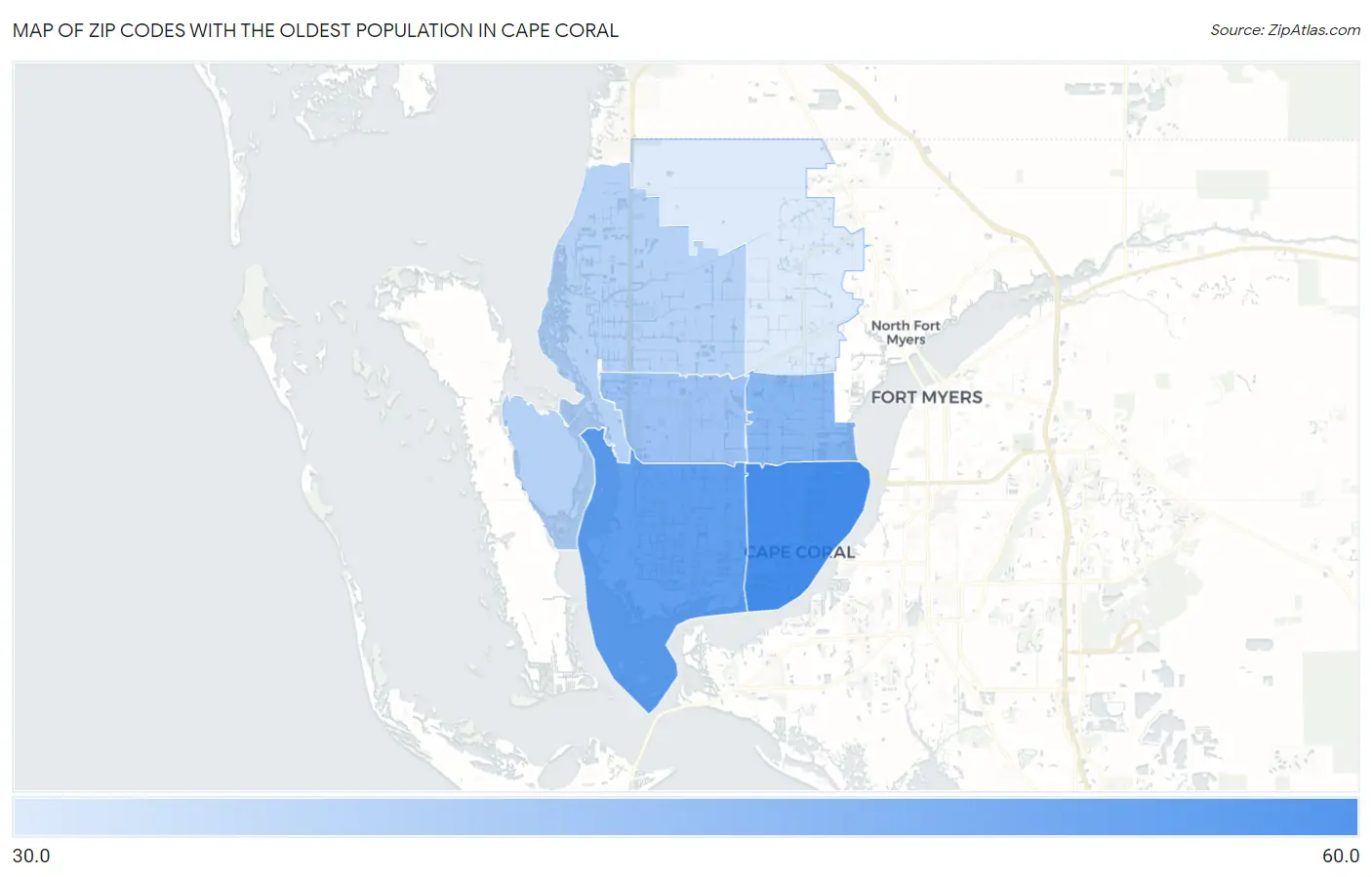 Zip Codes with the Oldest Population in Cape Coral Map