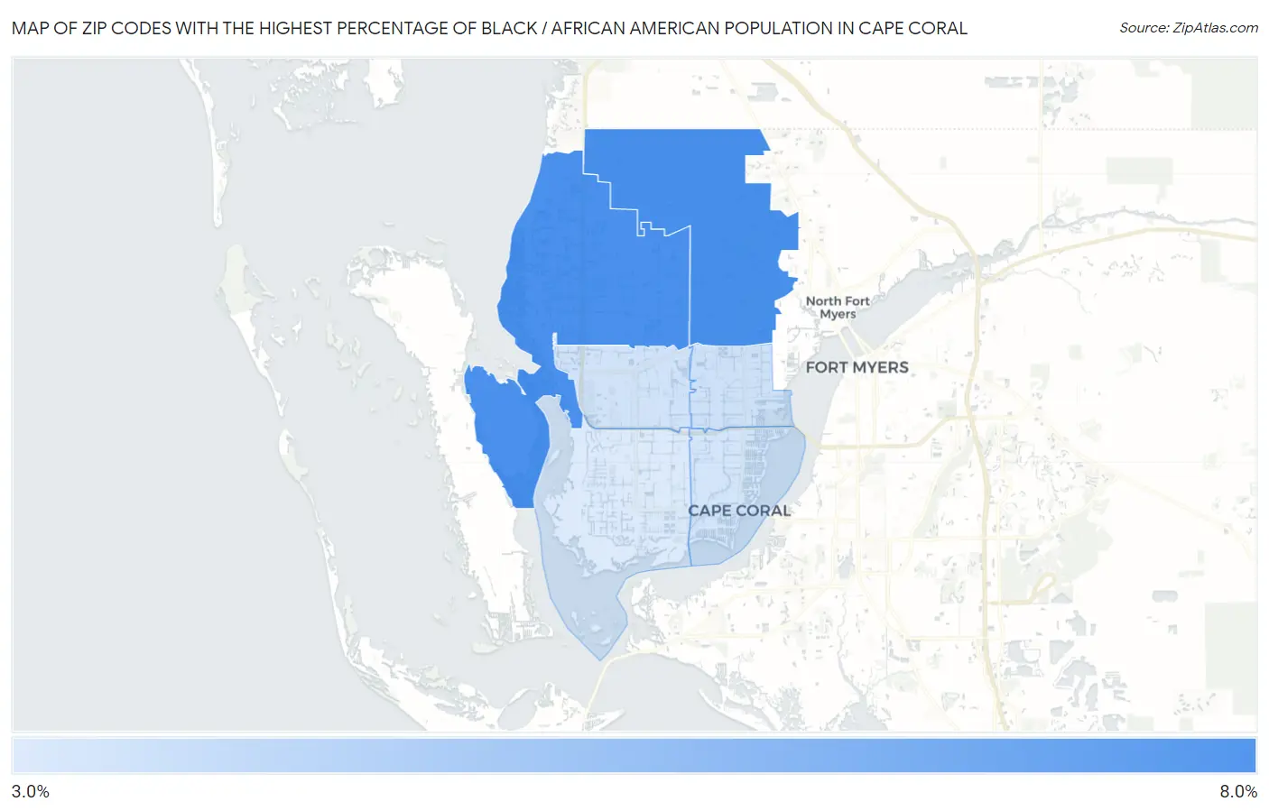 Zip Codes with the Highest Percentage of Black / African American Population in Cape Coral Map