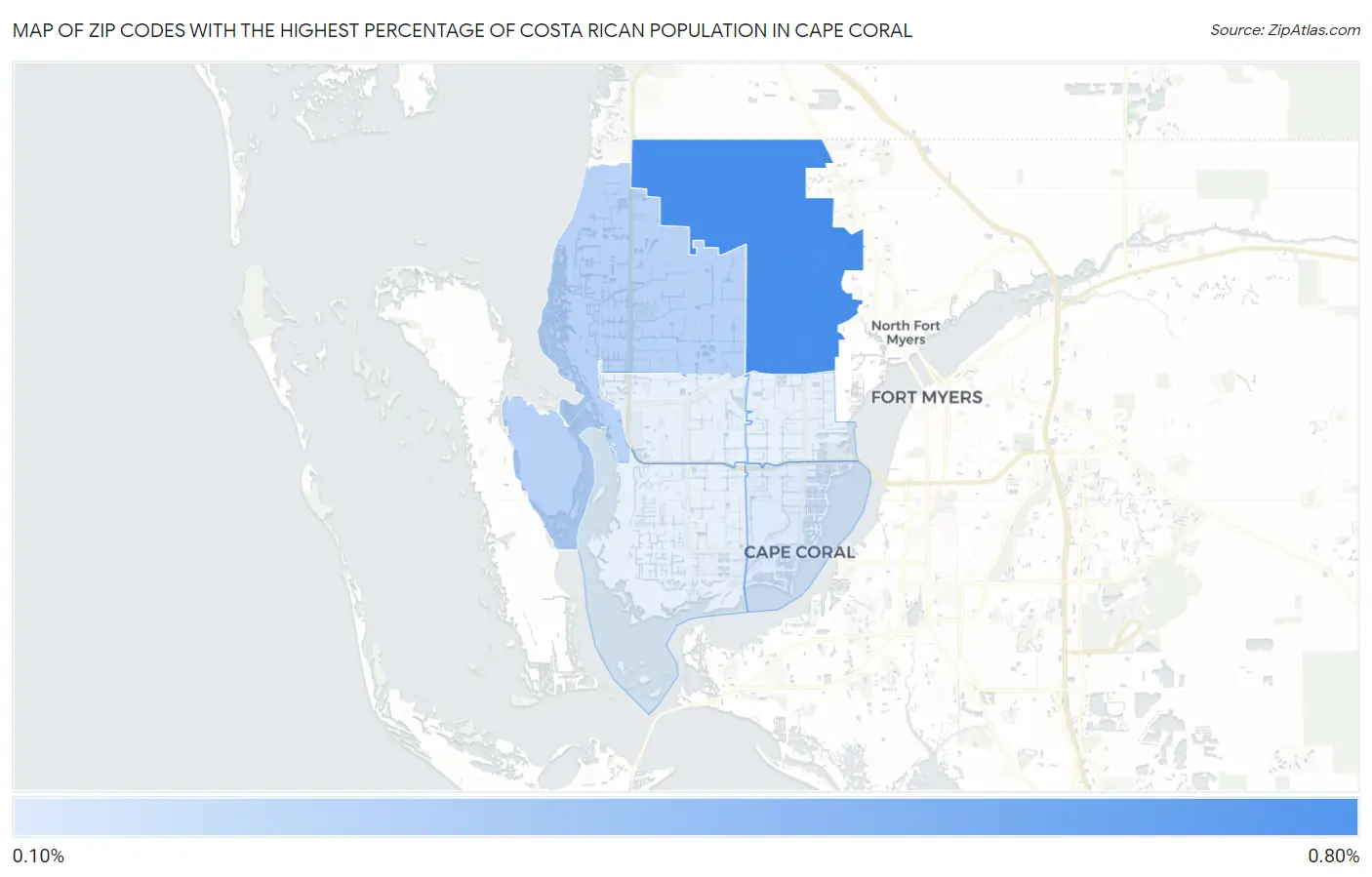 Zip Codes with the Highest Percentage of Costa Rican Population in Cape Coral Map