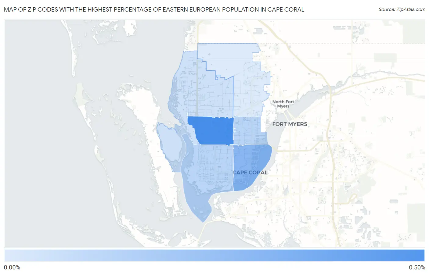 Zip Codes with the Highest Percentage of Eastern European Population in Cape Coral Map