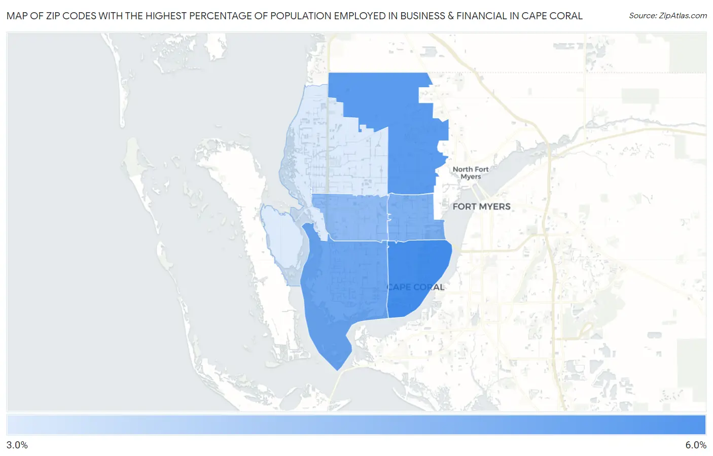 Zip Codes with the Highest Percentage of Population Employed in Business & Financial in Cape Coral Map