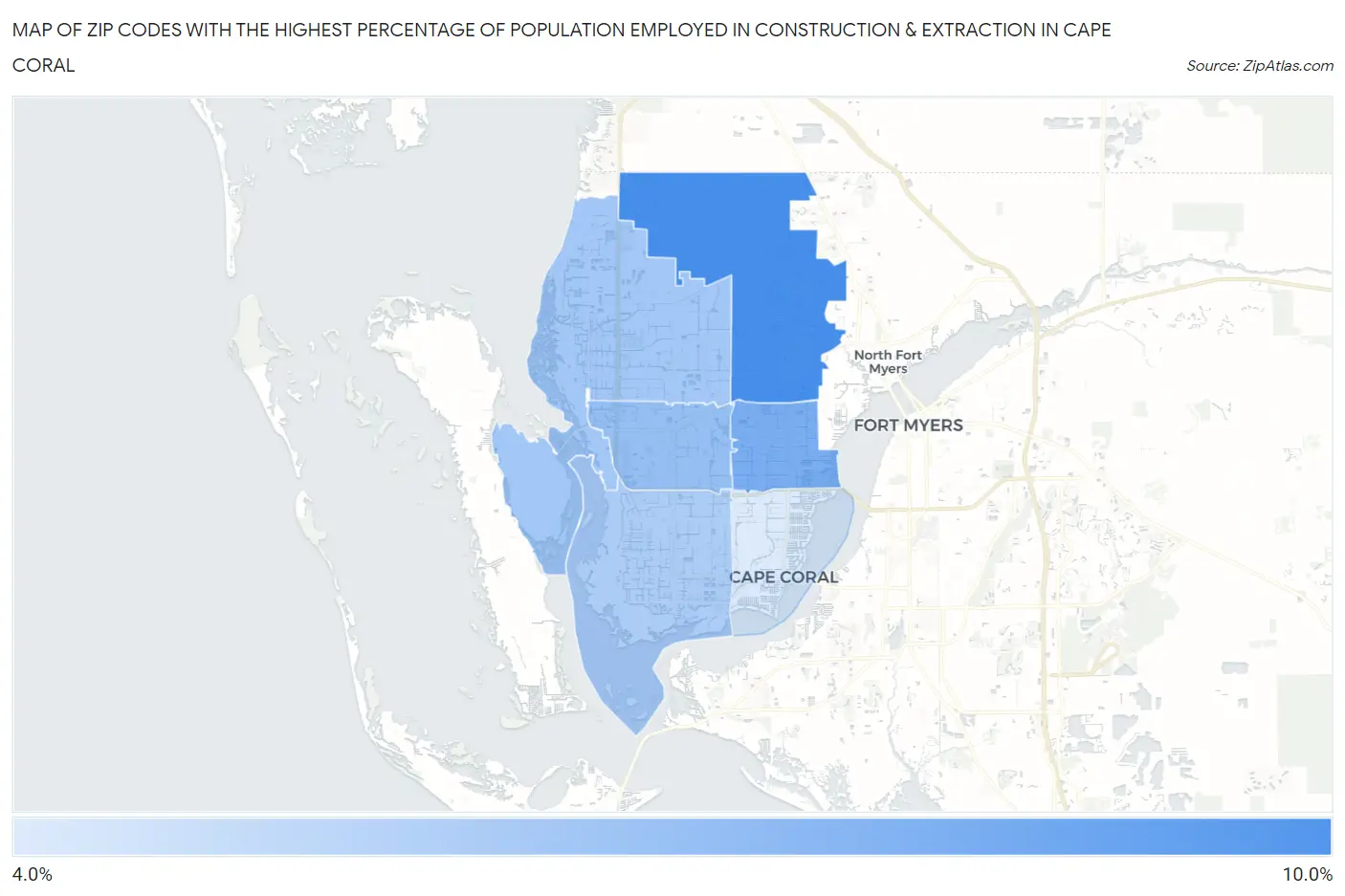 Zip Codes with the Highest Percentage of Population Employed in Construction & Extraction in Cape Coral Map