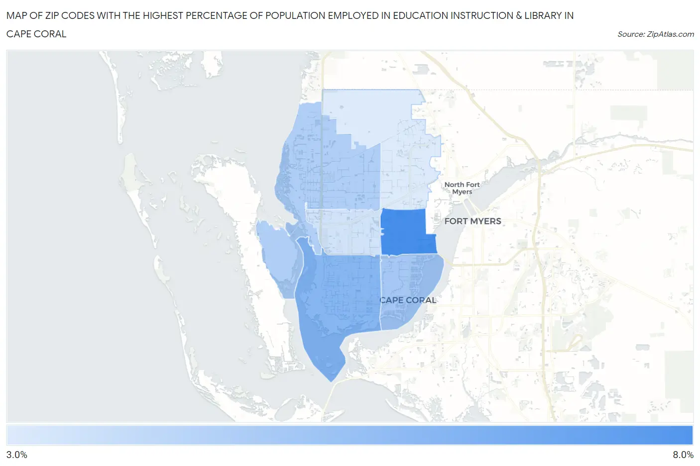 Zip Codes with the Highest Percentage of Population Employed in Education Instruction & Library in Cape Coral Map