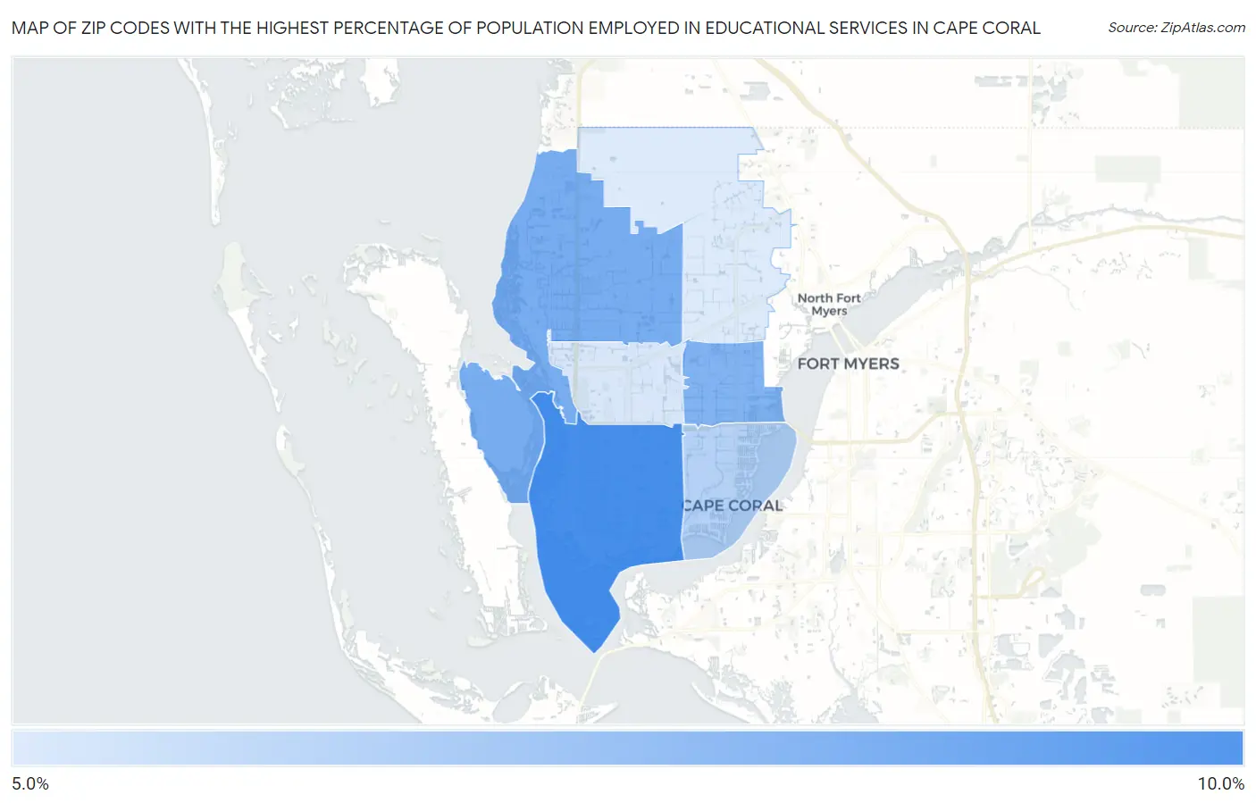 Zip Codes with the Highest Percentage of Population Employed in Educational Services in Cape Coral Map