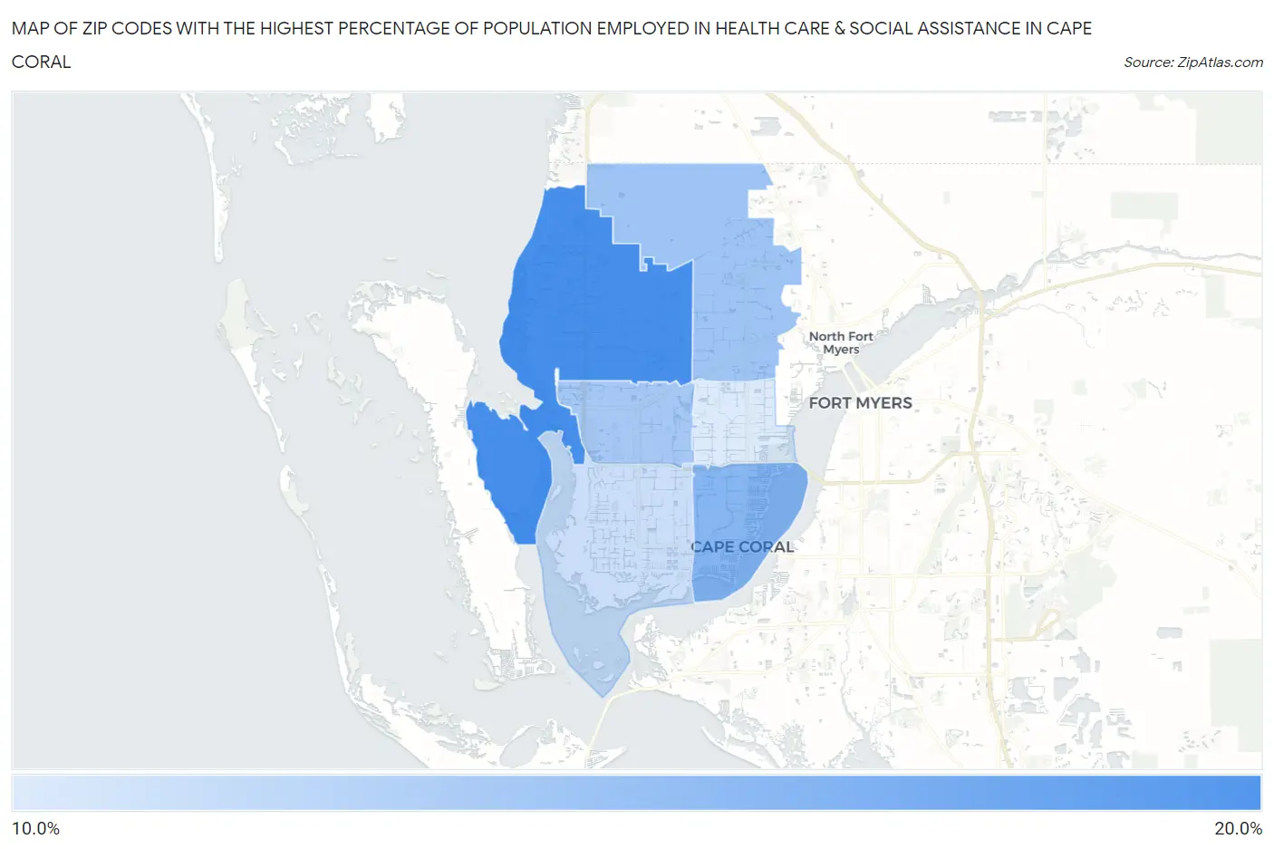 Zip Codes with the Highest Percentage of Population Employed in Health Care & Social Assistance in Cape Coral Map