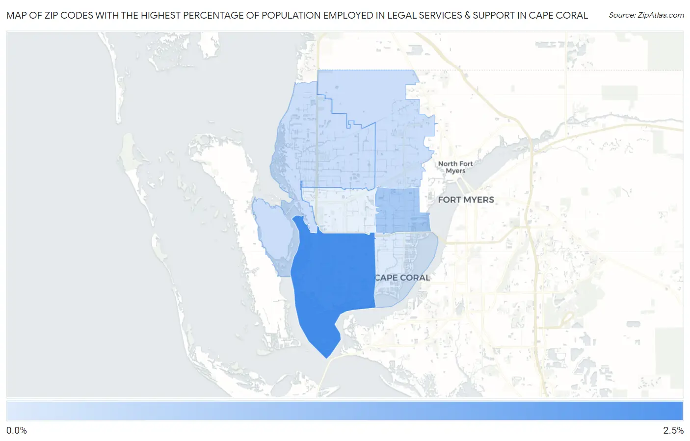 Zip Codes with the Highest Percentage of Population Employed in Legal Services & Support in Cape Coral Map