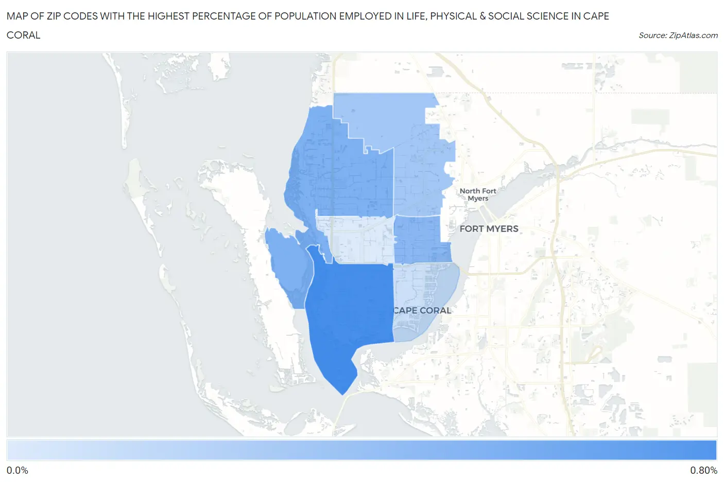 Zip Codes with the Highest Percentage of Population Employed in Life, Physical & Social Science in Cape Coral Map
