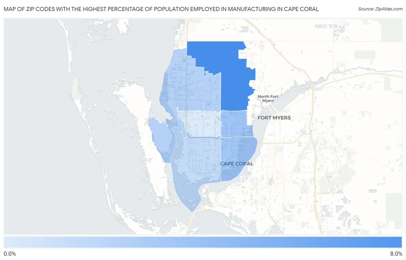 Zip Codes with the Highest Percentage of Population Employed in Manufacturing in Cape Coral Map