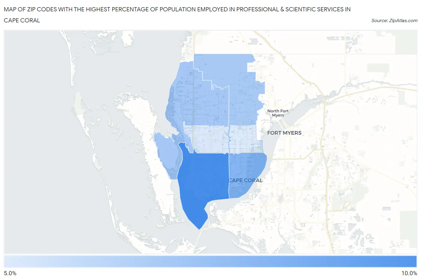 Zip Codes with the Highest Percentage of Population Employed in Professional & Scientific Services in Cape Coral Map