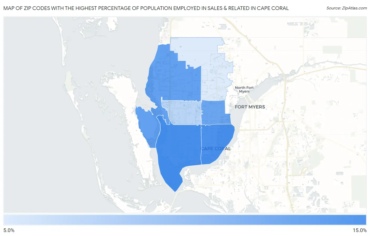Zip Codes with the Highest Percentage of Population Employed in Sales & Related in Cape Coral Map