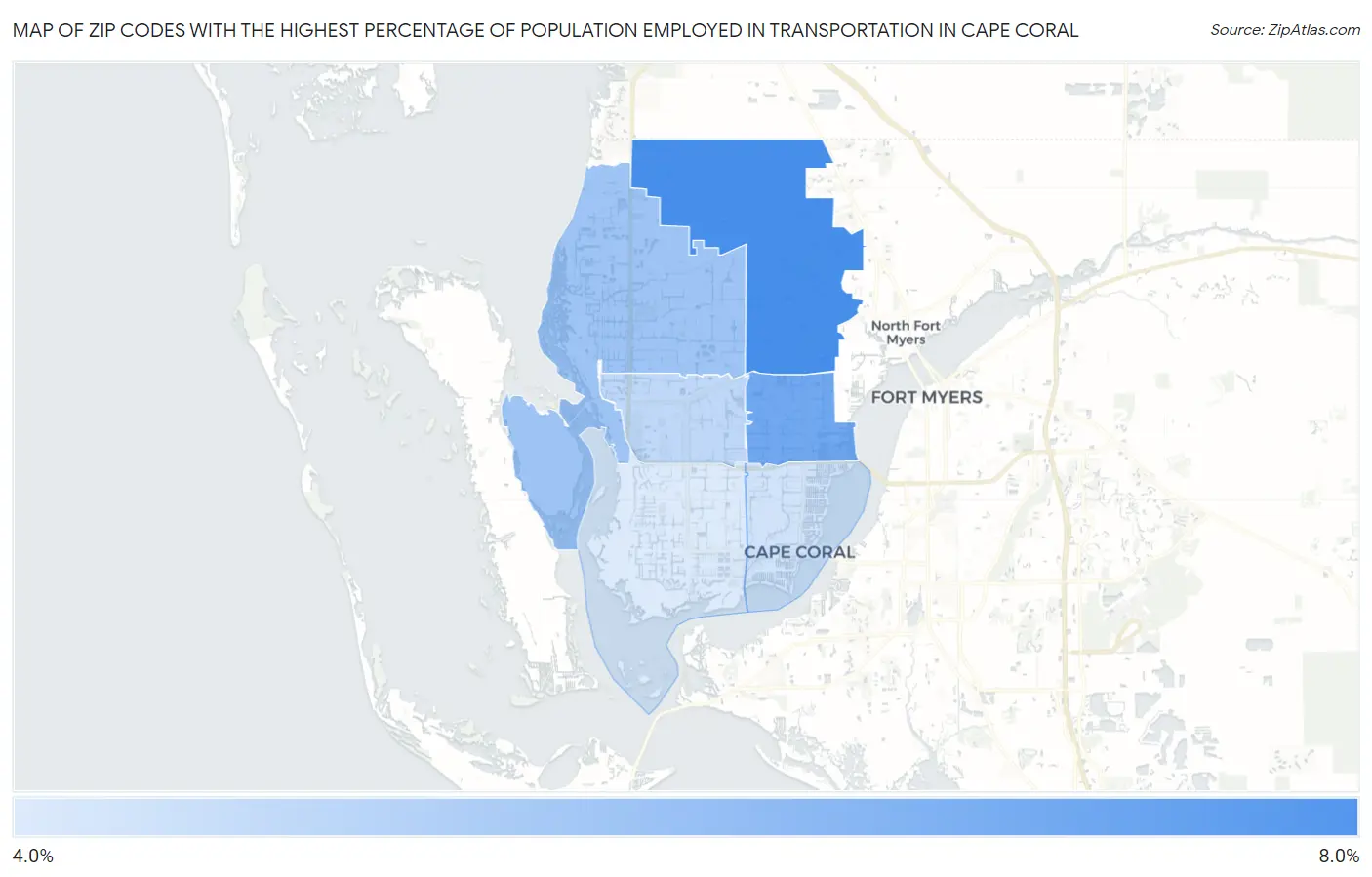 Zip Codes with the Highest Percentage of Population Employed in Transportation in Cape Coral Map