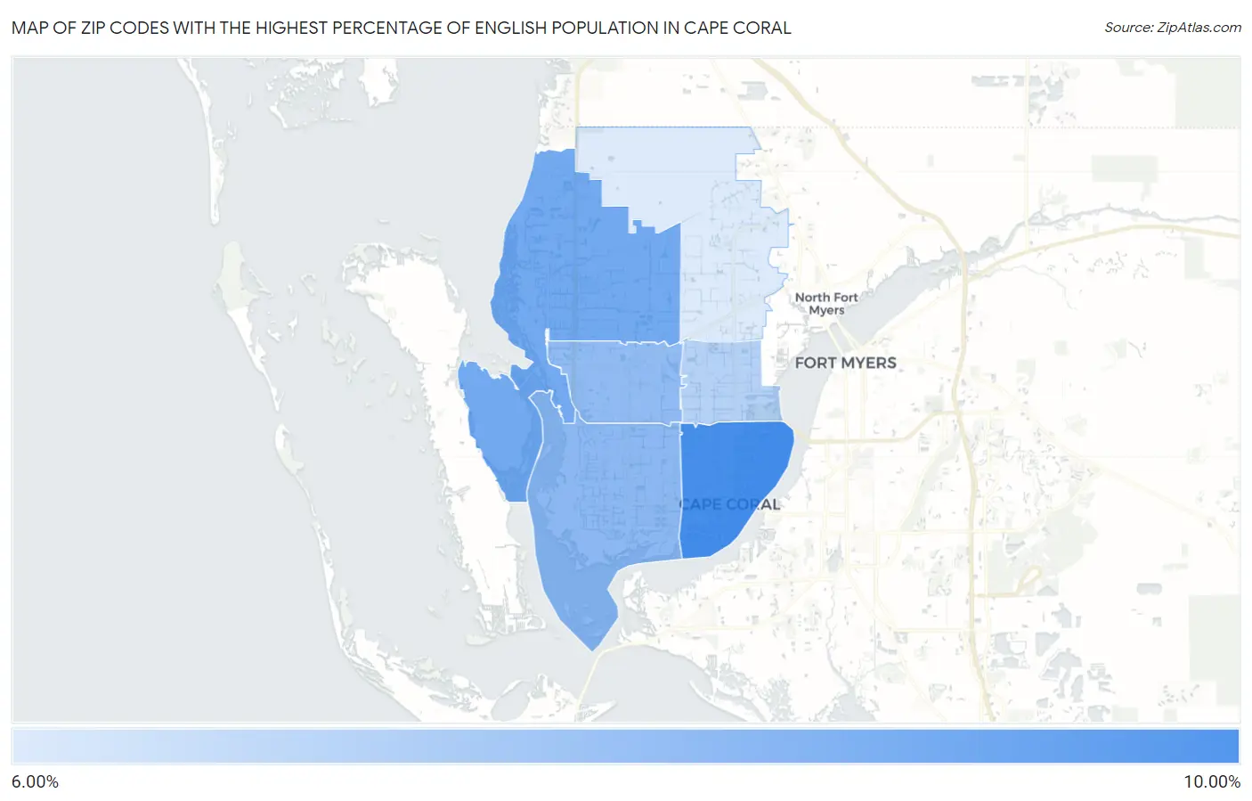 Zip Codes with the Highest Percentage of English Population in Cape Coral Map