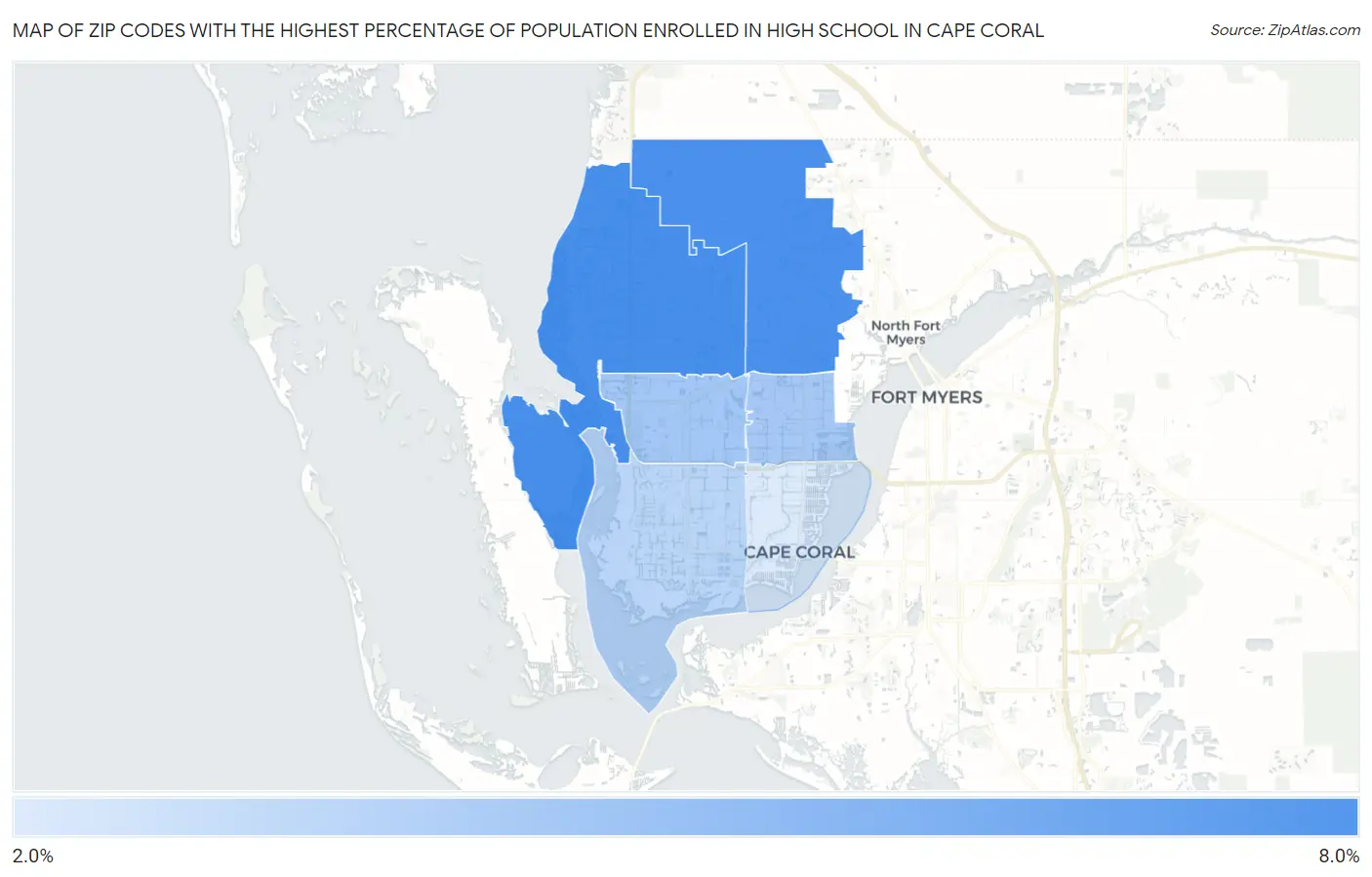Zip Codes with the Highest Percentage of Population Enrolled in High School in Cape Coral Map