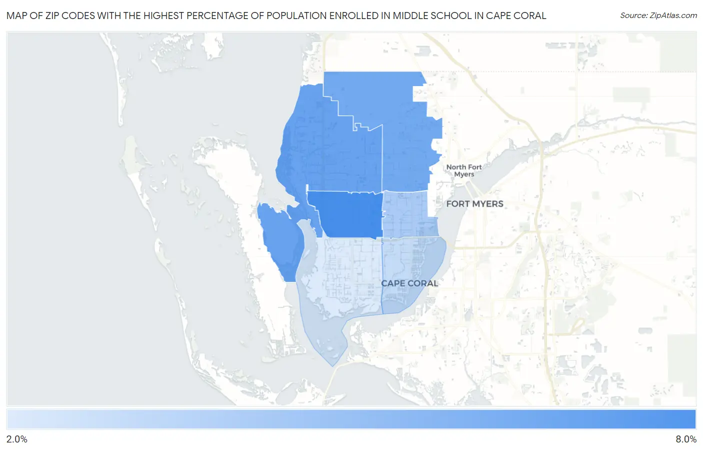 Zip Codes with the Highest Percentage of Population Enrolled in Middle School in Cape Coral Map