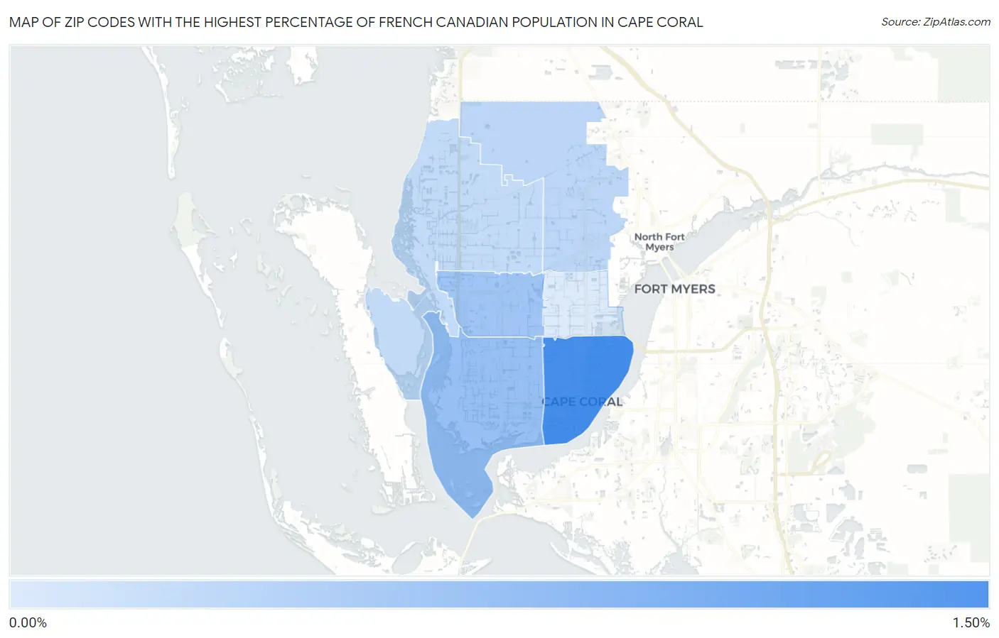 Zip Codes with the Highest Percentage of French Canadian Population in Cape Coral Map