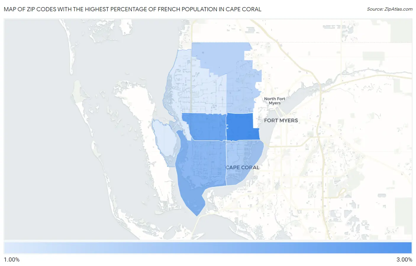Zip Codes with the Highest Percentage of French Population in Cape Coral Map