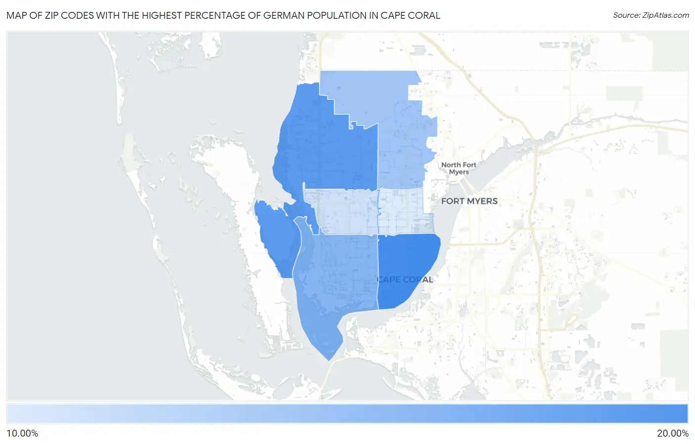 Zip Codes with the Highest Percentage of German Population in Cape Coral Map