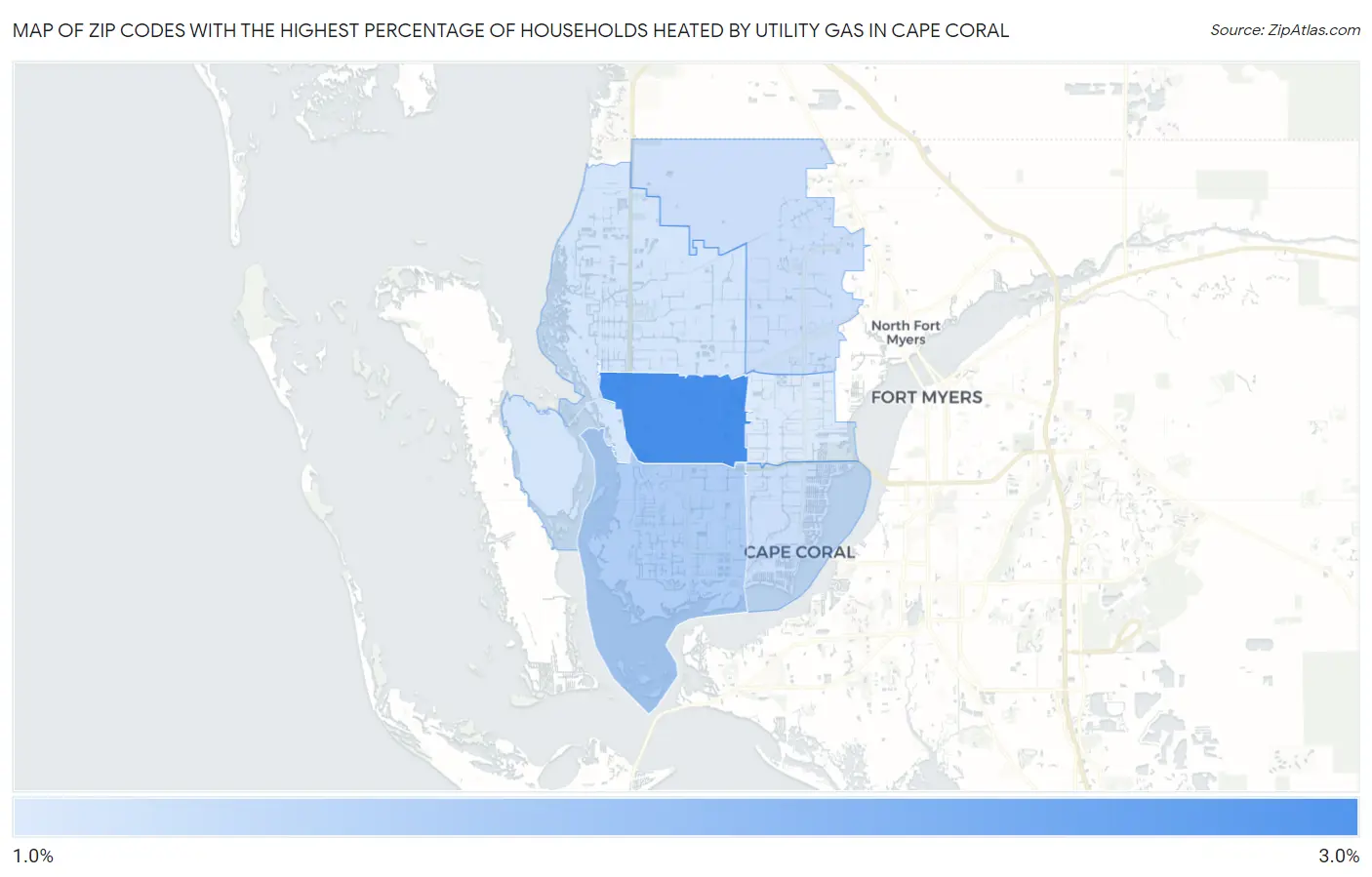 Zip Codes with the Highest Percentage of Households Heated by Utility Gas in Cape Coral Map