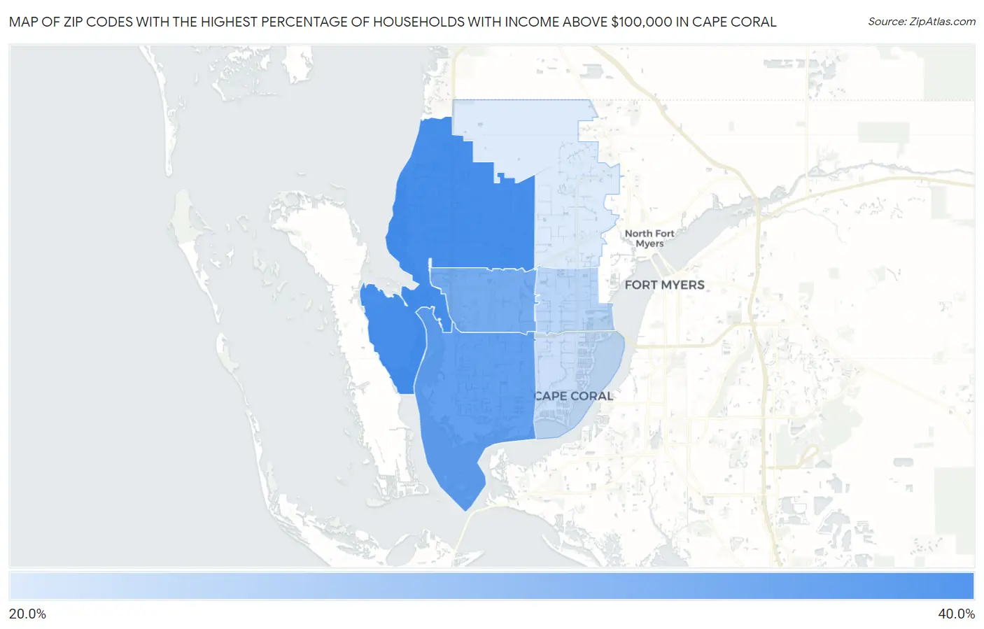 Zip Codes with the Highest Percentage of Households with Income Above $100,000 in Cape Coral Map