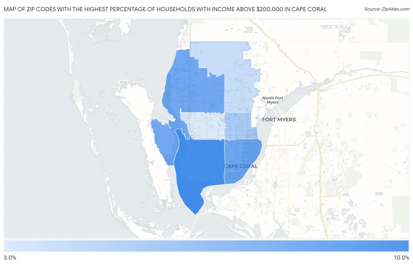 Zip Codes with the Highest Percentage of Households with Income Above $200,000 in Cape Coral Map