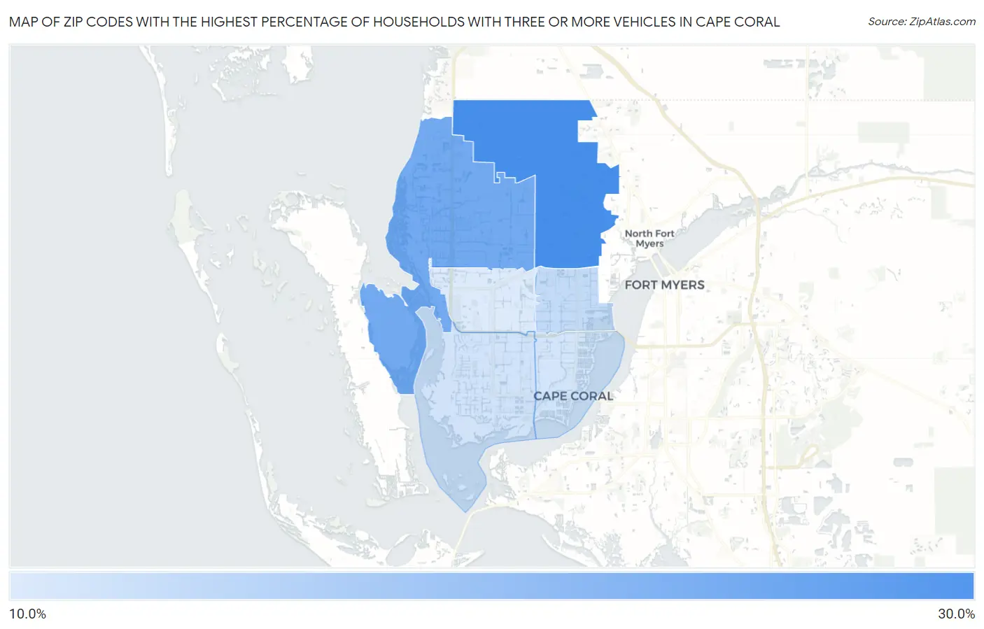 Zip Codes with the Highest Percentage of Households With Three or more Vehicles in Cape Coral Map