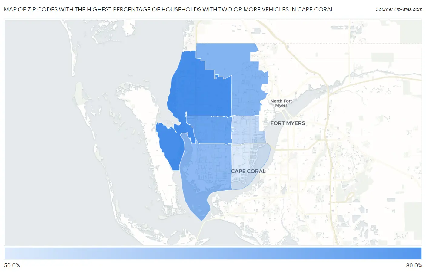 Zip Codes with the Highest Percentage of Households With Two or more Vehicles in Cape Coral Map