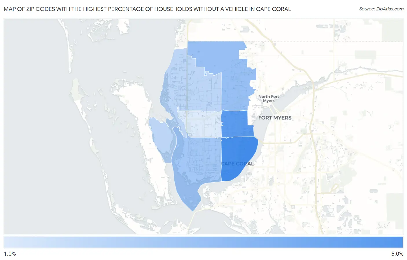 Zip Codes with the Highest Percentage of Households Without a Vehicle in Cape Coral Map