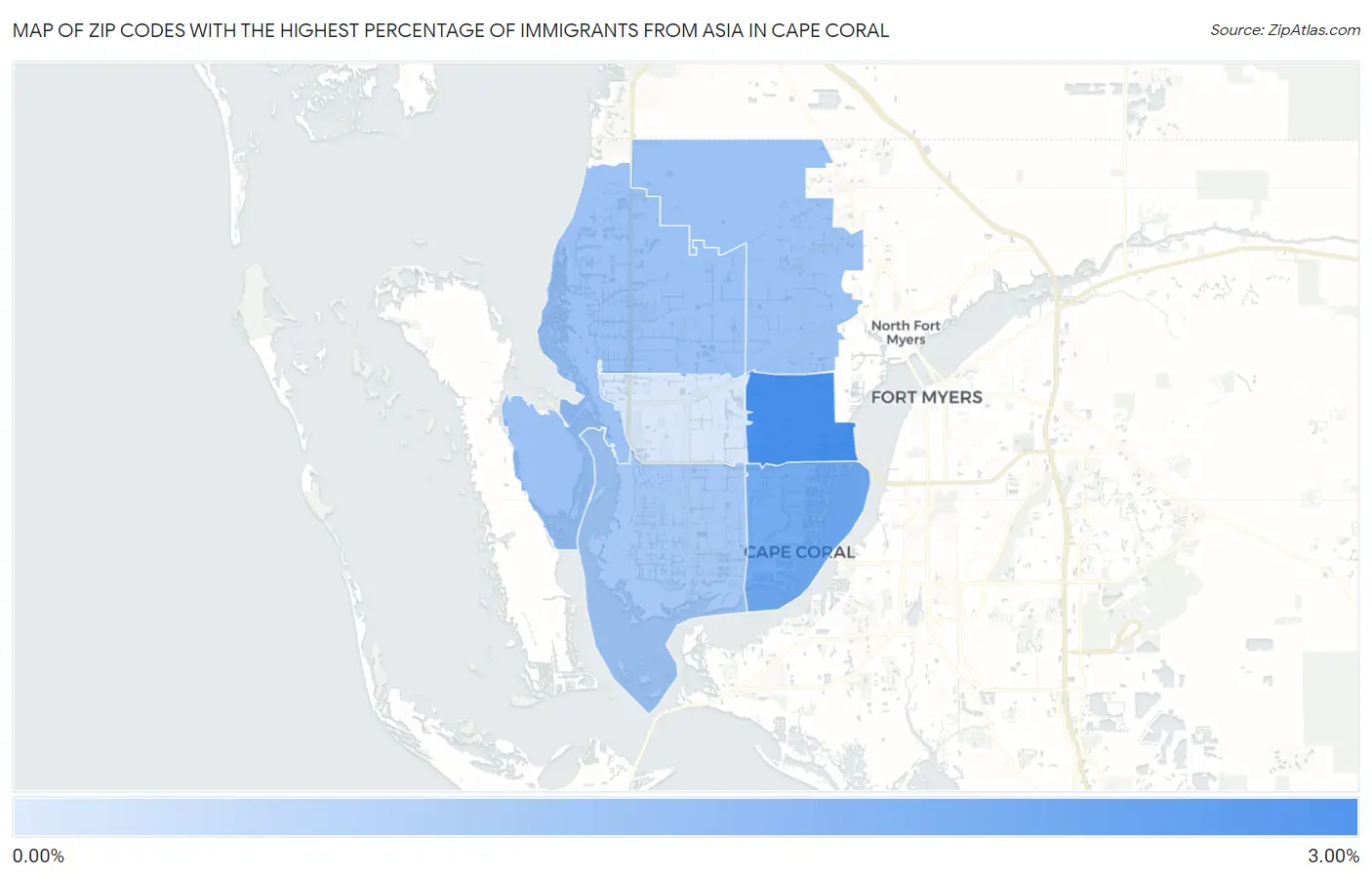 Zip Codes with the Highest Percentage of Immigrants from Asia in Cape Coral Map