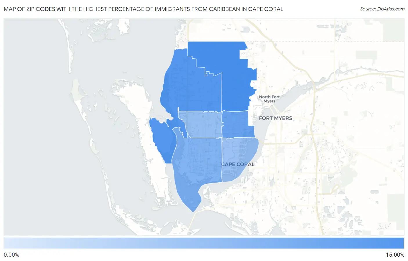 Zip Codes with the Highest Percentage of Immigrants from Caribbean in Cape Coral Map