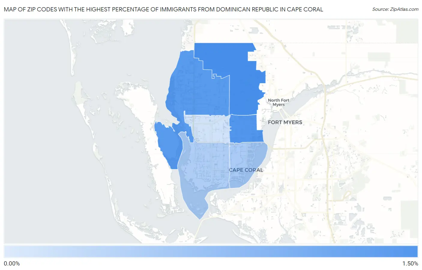 Zip Codes with the Highest Percentage of Immigrants from Dominican Republic in Cape Coral Map