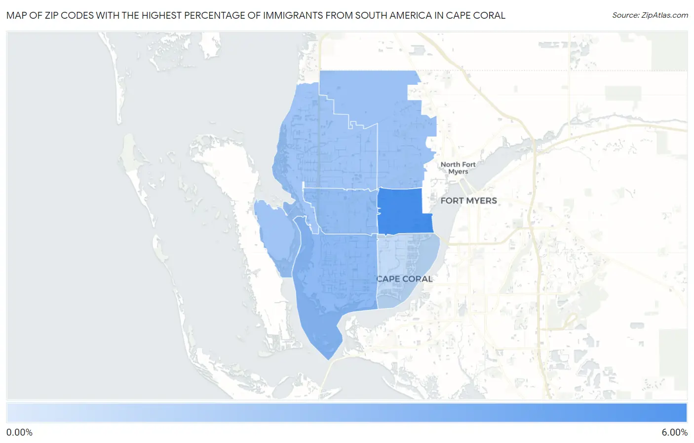 Zip Codes with the Highest Percentage of Immigrants from South America in Cape Coral Map