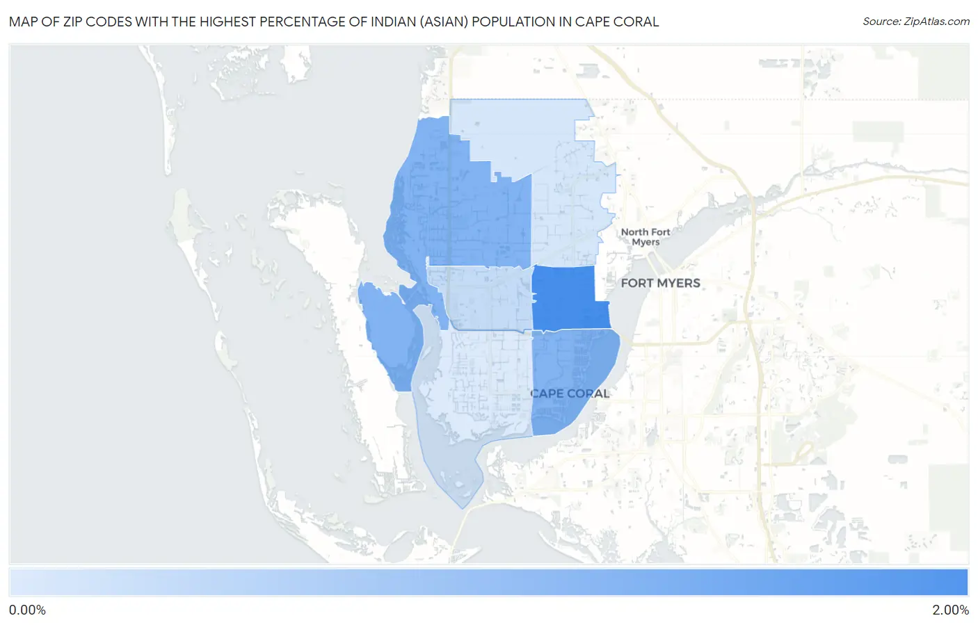 Zip Codes with the Highest Percentage of Indian (Asian) Population in Cape Coral Map