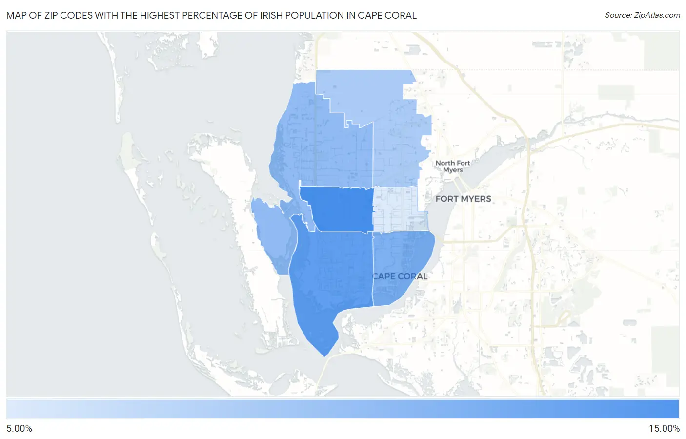 Zip Codes with the Highest Percentage of Irish Population in Cape Coral Map