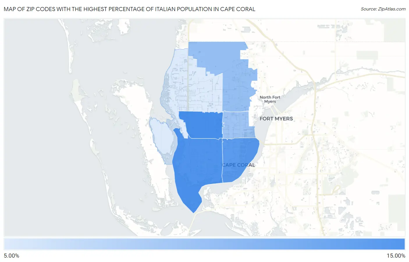 Zip Codes with the Highest Percentage of Italian Population in Cape Coral Map