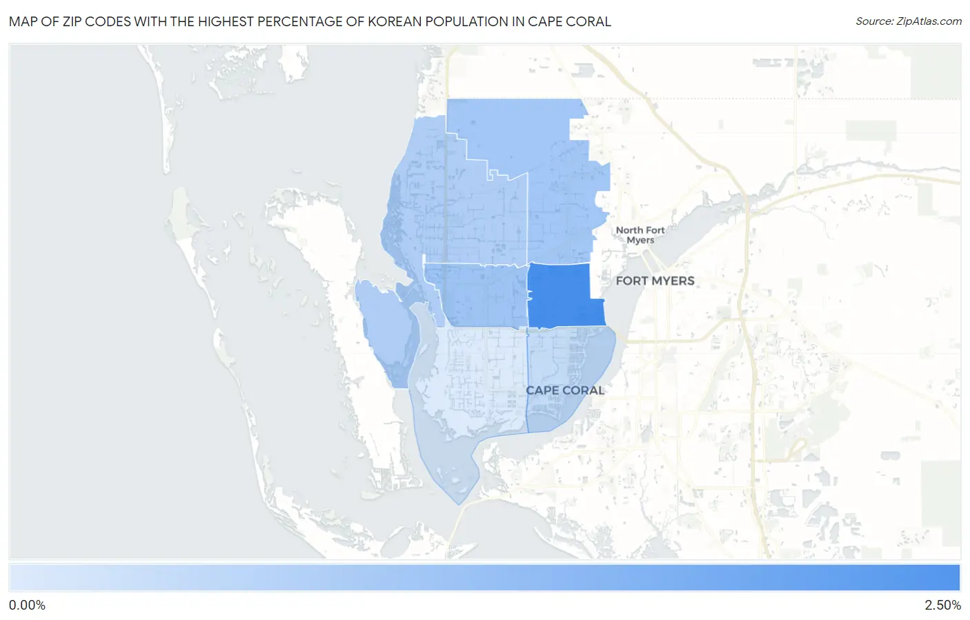 Zip Codes with the Highest Percentage of Korean Population in Cape Coral Map