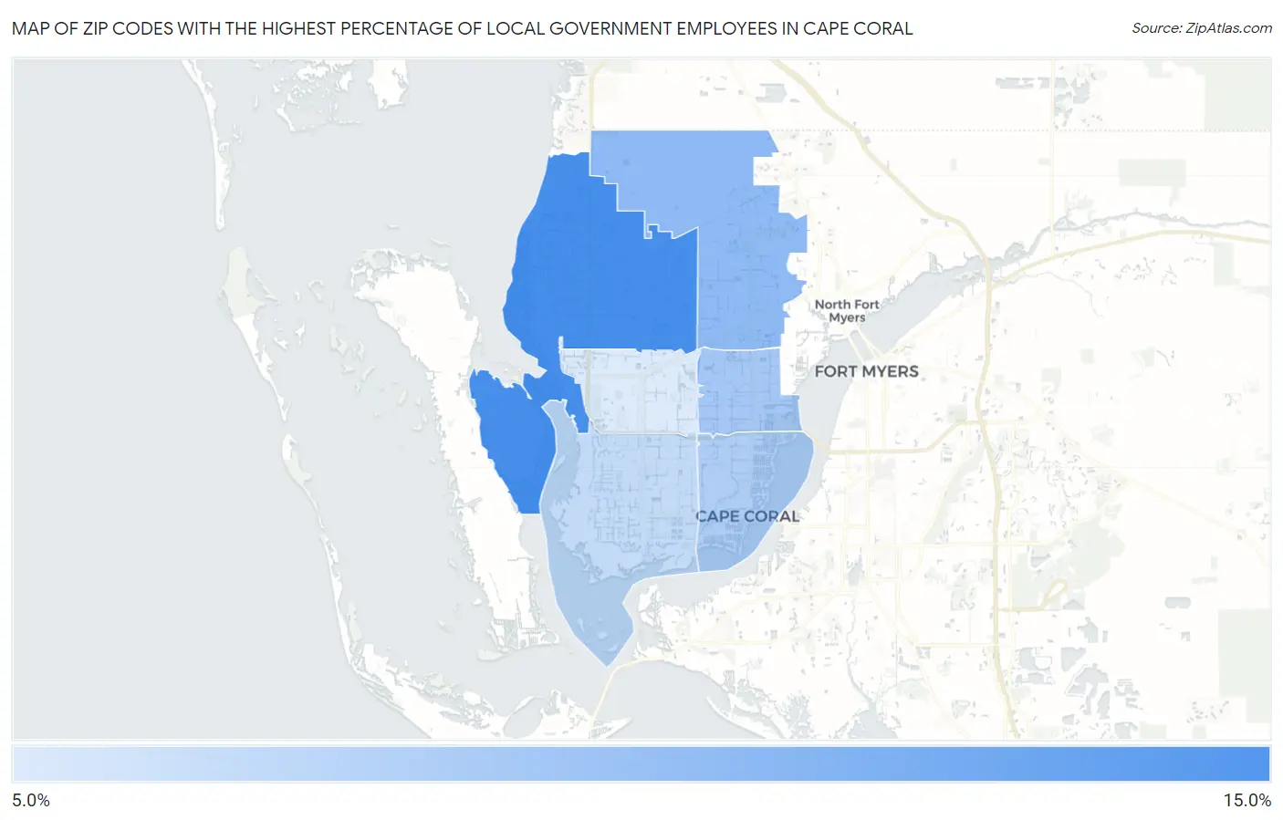 Zip Codes with the Highest Percentage of Local Government Employees in Cape Coral Map