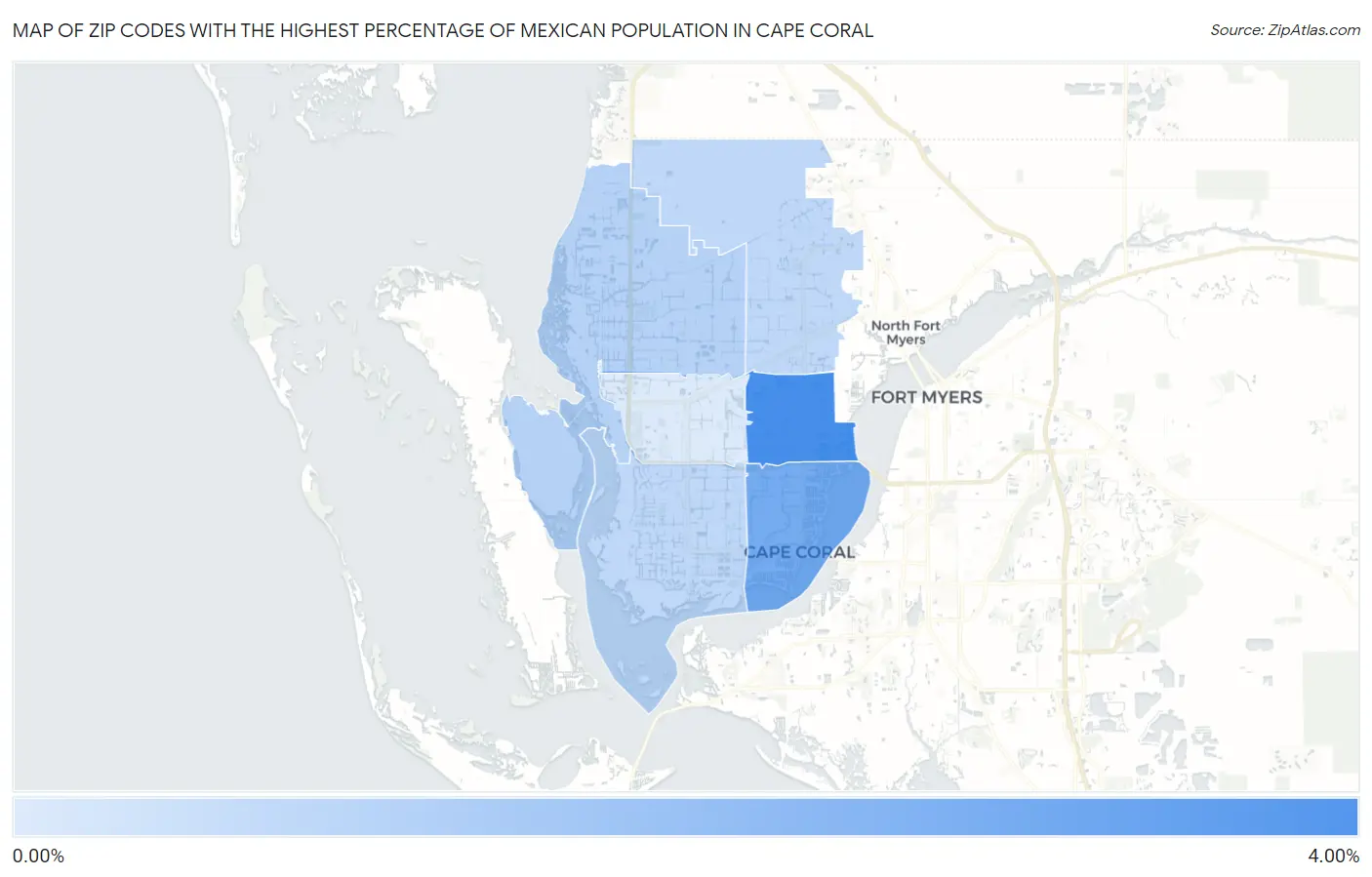 Zip Codes with the Highest Percentage of Mexican Population in Cape Coral Map